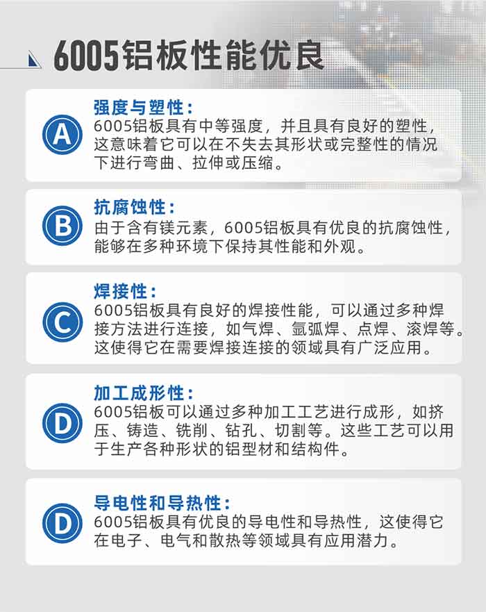 6005机能优越


强杜纂塑性：6005铝板拥有中等强度，并且拥有优良的塑性，这意味着它能够在不失去其状态或齐全性的情况下进行弯曲、拉伸或压缩。

抗侵蚀性：由于含有镁元素，6005铝板拥有优越的抗侵蚀性，可能在多种环境下维吃熹机能和表观。

焊接性：6005铝板拥有优良的焊接机能，能够通过多种焊接步骤进行衔接，如气焊、氩弧焊、点焊、滚焊等。这使得它在必要焊接衔接的领域拥有宽泛利用。

加工成形性：6005铝板能够通过多种加工工艺进行成形，如挤压、铸造、铣削、钻孔、切割等。这些工艺能够用于出产各类状态的铝型材和结构件。

导电性和导热性：6005铝板拥有优越的导电性和导热性，这使得它在电子、电气和散热等领域拥有利用潜力。


6005产品利用

6005铝板重要用于要求高的可塑性和优良的焊接性，在液体或气体介质中工作的低载荷零件，如油箱，汽油或光滑油导管，各类液体容器、船补金件和其他用深拉造作的幼负荷零件：线材用来做铆钉；挤压型材与管材，用于要求强宏伟于6063合金的结构件，如梯子、电视天线等。

如需相识更多MG不朽情缘铝业产品先关信息，可点击在线征询，或拨打征询电话：0371-67898708，专业业务经理给您具体解答，我们能够按需定造，部门产品库存现货，下单即发货，等待与您合作！