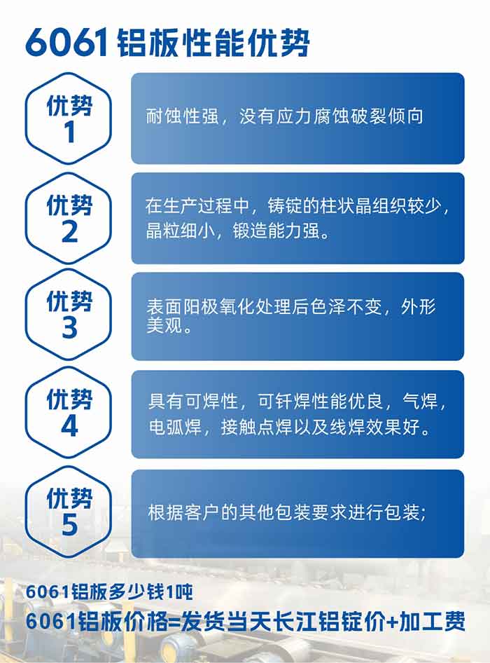 MG不朽情缘铝业6061铝板机能优势

　　1、耐蚀性强，没有应力侵蚀分裂偏差。

　　2、在出产过程中，铸锭的柱状晶组织较少，晶粒藐幼，铸造能力强。

　　3、表表阳极氧化处置后色泽不变，表形美观。

4、拥有可焊性，可钎焊机能优越，气焊，电弧焊，接触点焊以及线焊成效好。