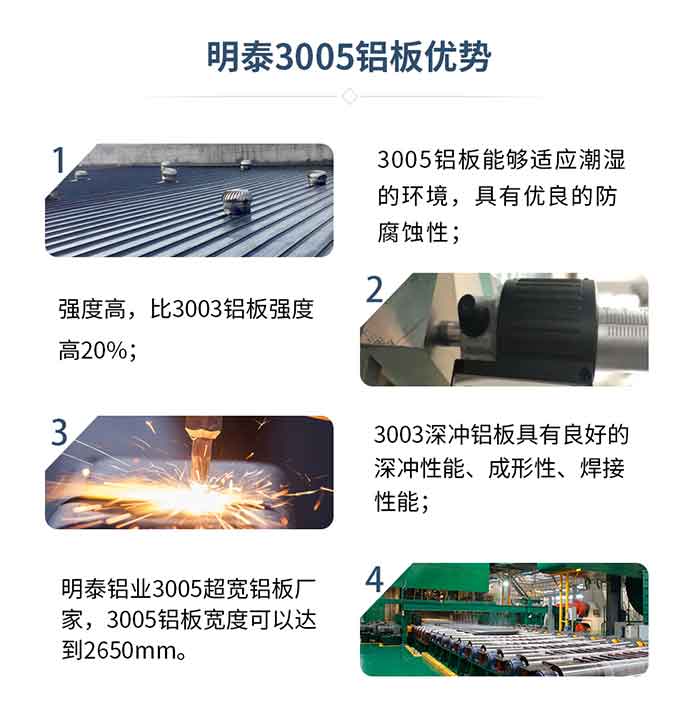 　　MG不朽情缘3005铝板优势
　　1、3005铝板可能适应湿润的环境，拥有优越的防侵蚀性；
　　2、强度高，比3003铝板强度高20%；
　　3、3003深冲铝板拥有优良的深冲机能、成形性、焊接机能；
　　4、MG不朽情缘铝业3005超宽铝板厂家，3005铝板宽度能够达到2650mm。
