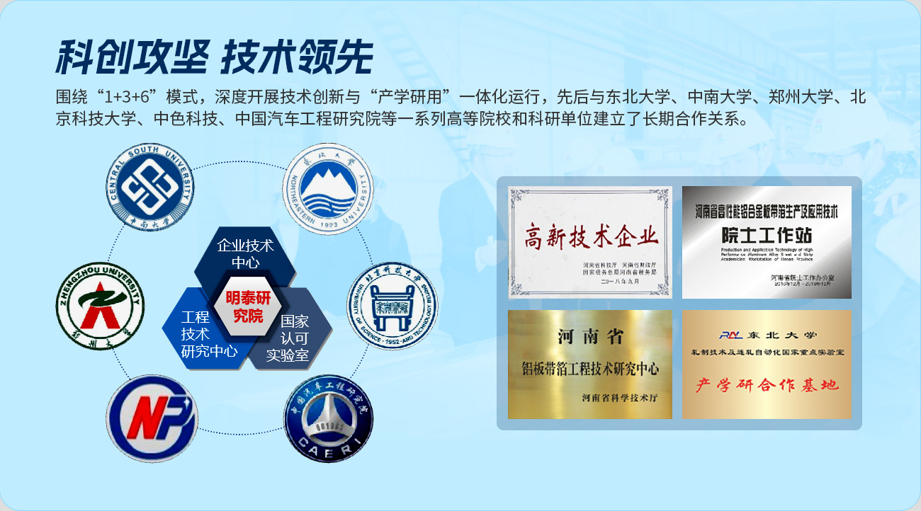 科创攻坚 技术当先,萦绕“1+3+6”模式，深度发展技术创新与“产学研用”一体化运行，先后与东北大学、中南大学、郑州大学、北京科技大学、中色科技、中国汽车工程钻研院等一系列高档院校和科研单元成立了持久合作关系。